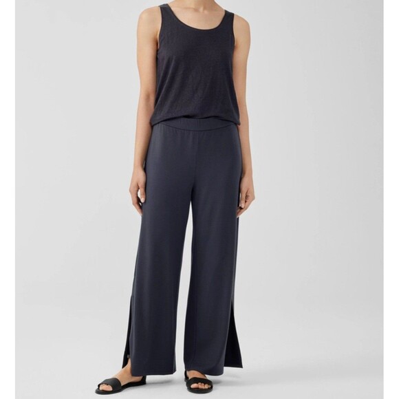 Eileen Fisher Stretch Jersey Knit Pant Side Slits Small Black Wide Leg Capsule - Picture 1 of 14
